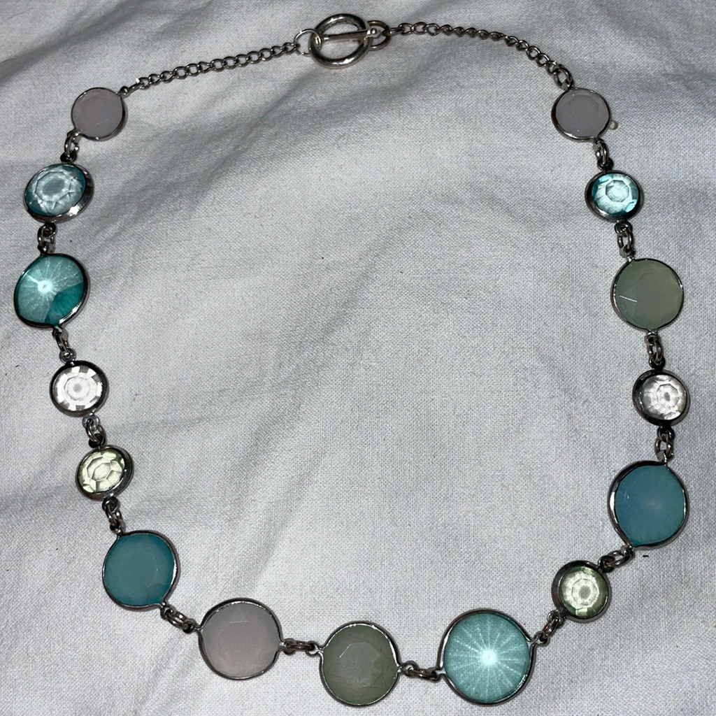 Silver Tone Turquoise Pink Connector Chain Toggle Clasp Necklace